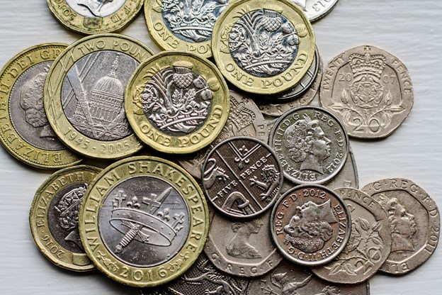 UK money coins displayed on white background